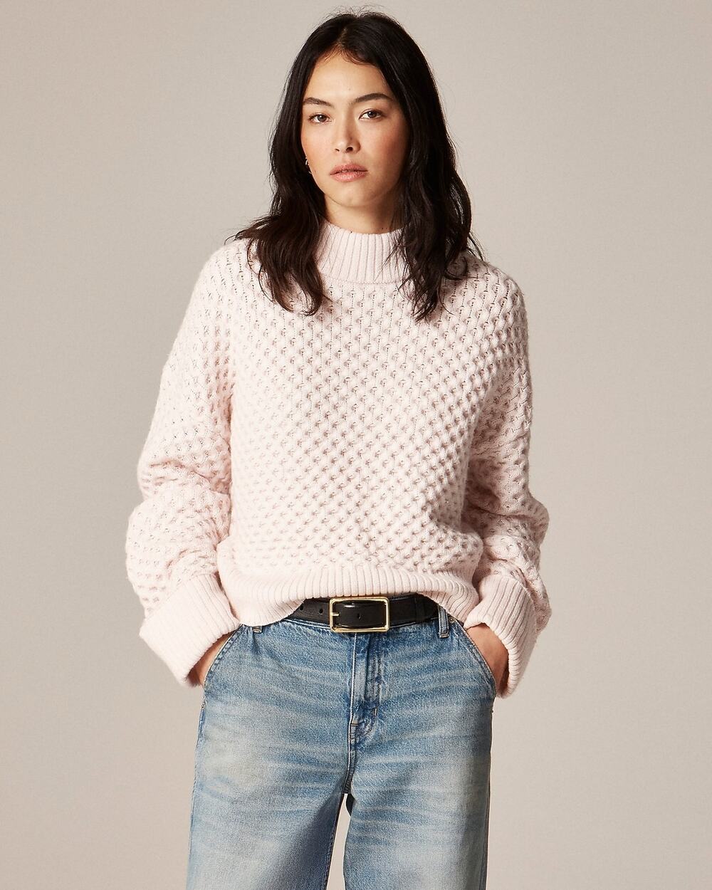 J. Crew Women’s Honeycomb Mockneck Sweater in Wool Blend Pale Pink Size XS NWT